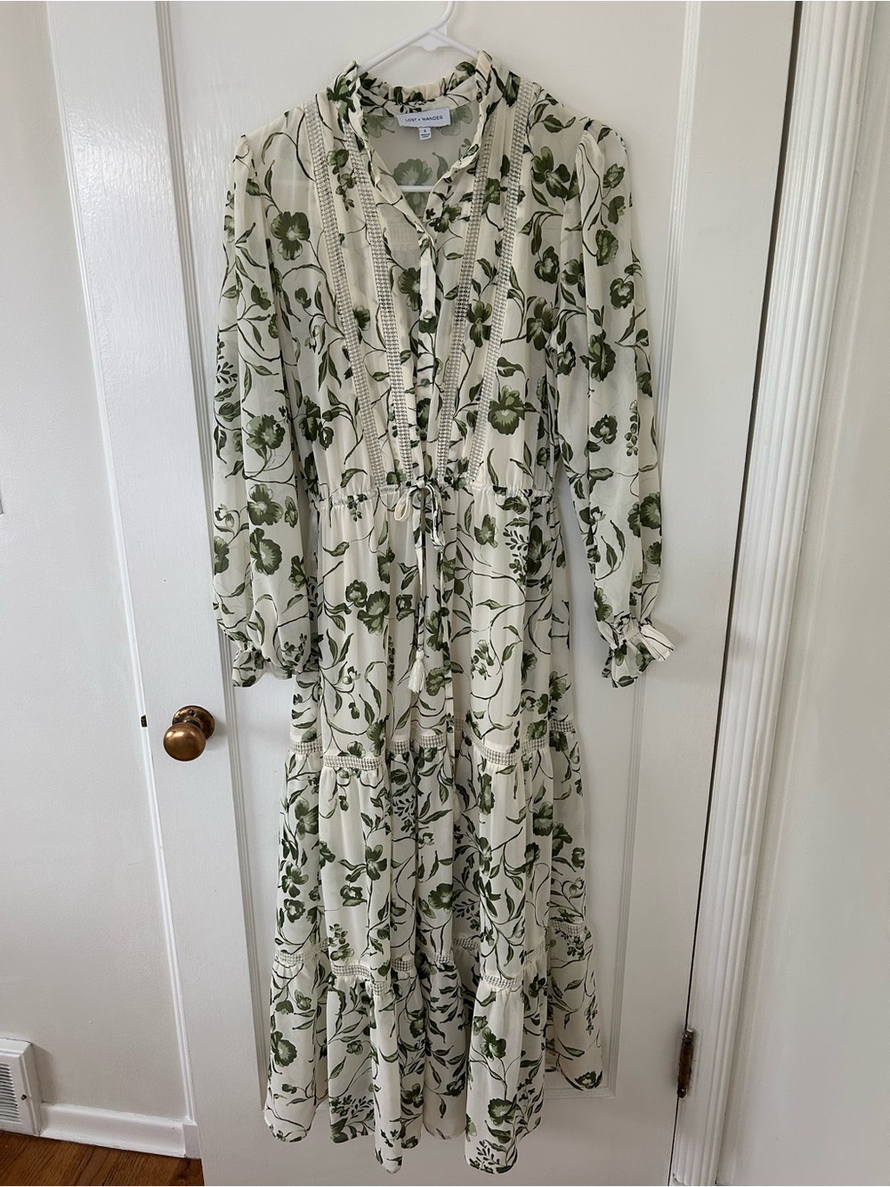 Lost + Wander Lightweight Floral Maxi Dress in Cream and Olive Green